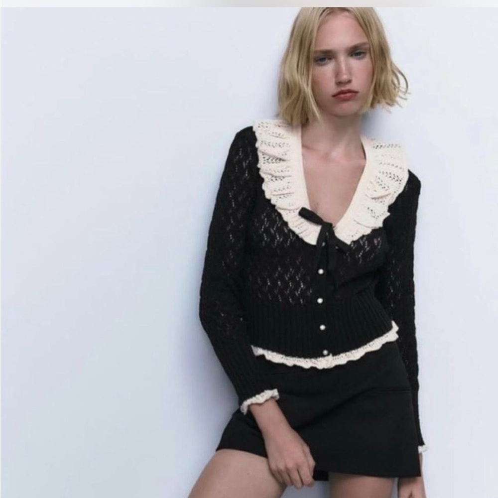Zara Black Knit Cardigan with Cream Ruffled Collar